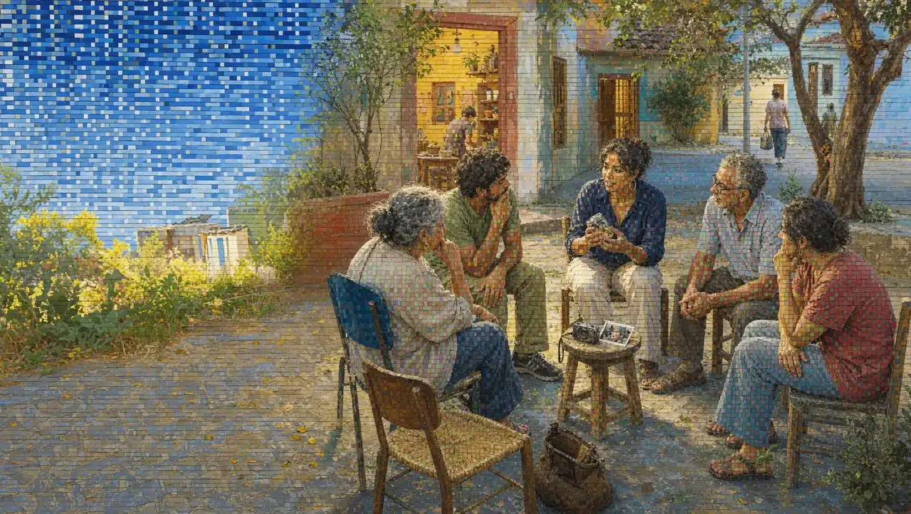 A painted scene of people comparing, filming, and discussing products while their observations remain connected